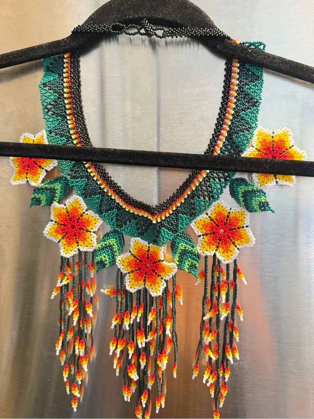 Handmade Floral Seed-Bead Necklace in Green with Yellow & Red Accents an Earrigs - Picture 5 of 9